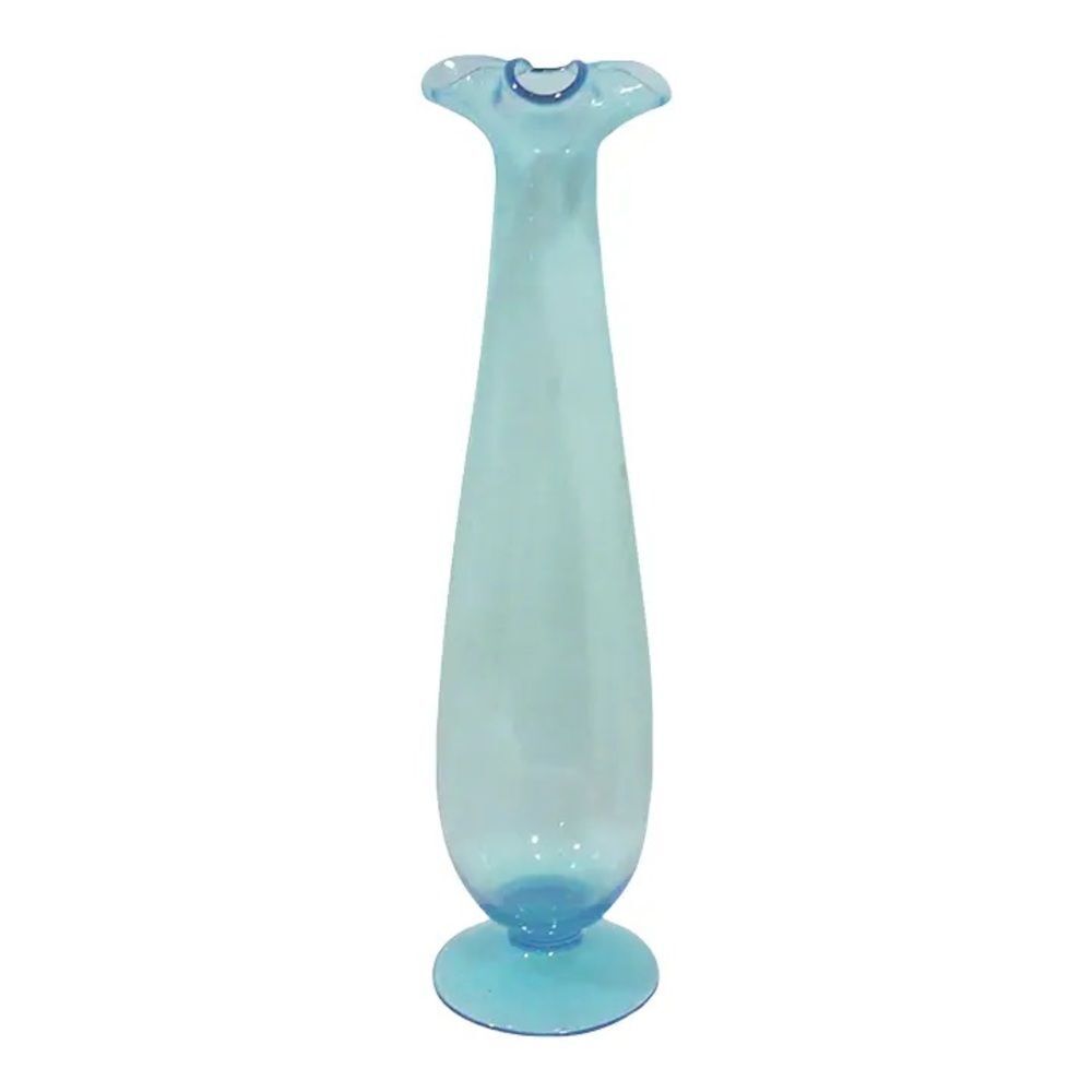 Mid-Century Tall Blue Vase Flared Rim Italian Blown Glass Footed Decorative Vase